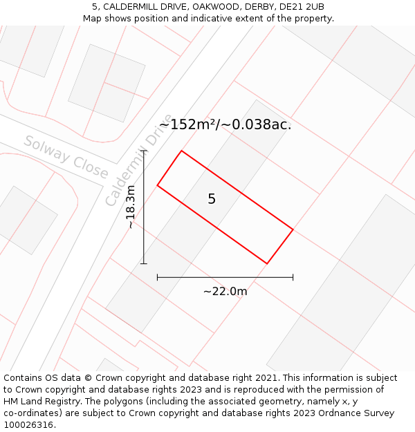5, CALDERMILL DRIVE, OAKWOOD, DERBY, DE21 2UB: Plot and title map