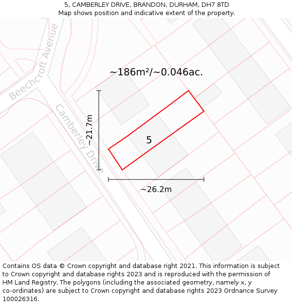 5, CAMBERLEY DRIVE, BRANDON, DURHAM, DH7 8TD: Plot and title map