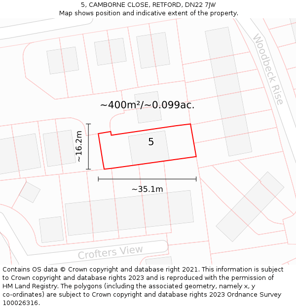 5, CAMBORNE CLOSE, RETFORD, DN22 7JW: Plot and title map