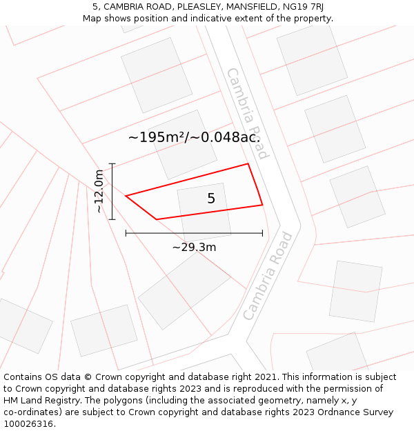 5, CAMBRIA ROAD, PLEASLEY, MANSFIELD, NG19 7RJ: Plot and title map
