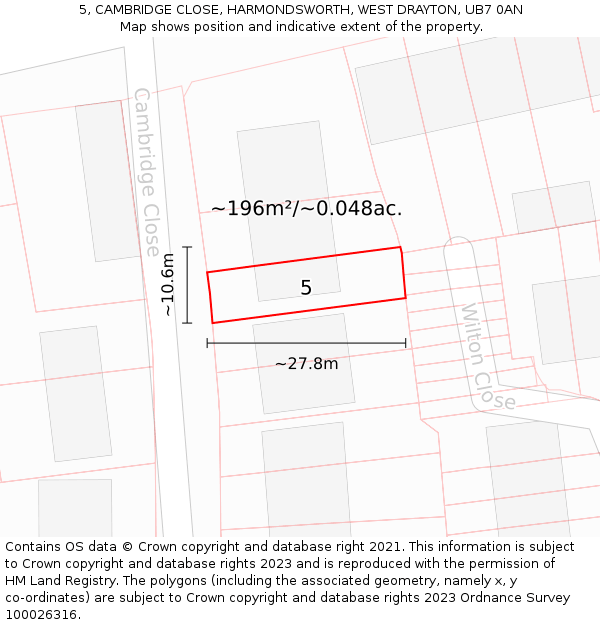 5, CAMBRIDGE CLOSE, HARMONDSWORTH, WEST DRAYTON, UB7 0AN: Plot and title map