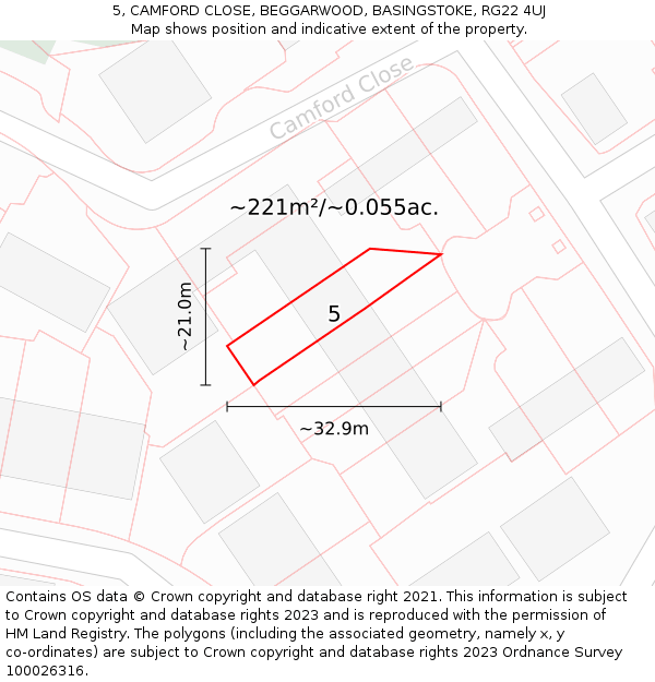 5, CAMFORD CLOSE, BEGGARWOOD, BASINGSTOKE, RG22 4UJ: Plot and title map