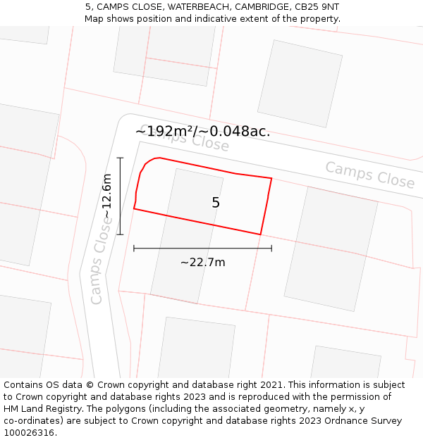 5, CAMPS CLOSE, WATERBEACH, CAMBRIDGE, CB25 9NT: Plot and title map