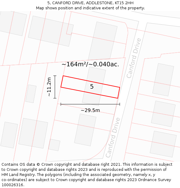 5, CANFORD DRIVE, ADDLESTONE, KT15 2HH: Plot and title map