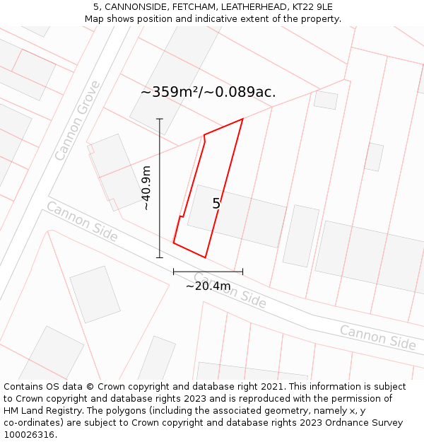 5, CANNONSIDE, FETCHAM, LEATHERHEAD, KT22 9LE: Plot and title map