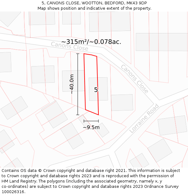 5, CANONS CLOSE, WOOTTON, BEDFORD, MK43 9DP: Plot and title map
