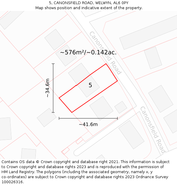 5, CANONSFIELD ROAD, WELWYN, AL6 0PY: Plot and title map