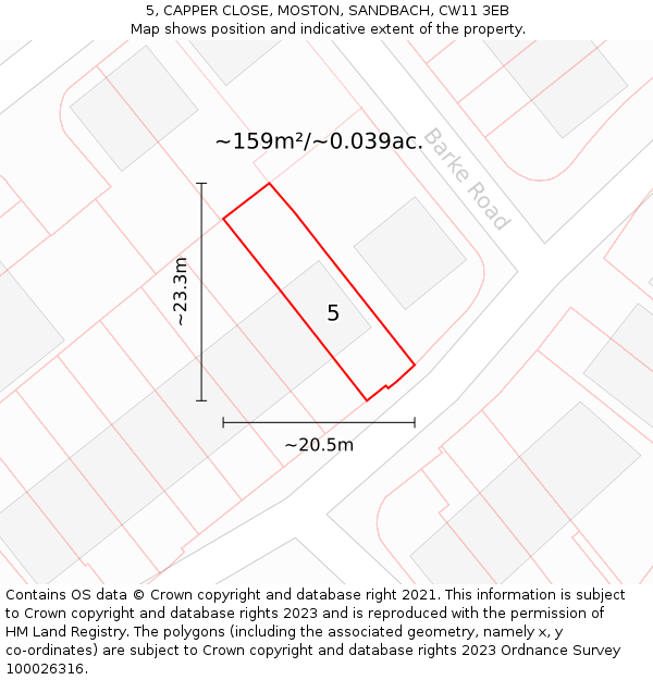 5, CAPPER CLOSE, MOSTON, SANDBACH, CW11 3EB: Plot and title map