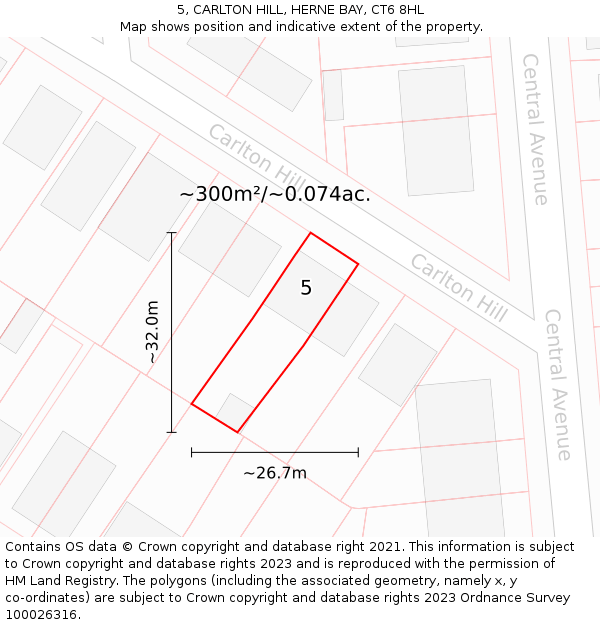 5, CARLTON HILL, HERNE BAY, CT6 8HL: Plot and title map
