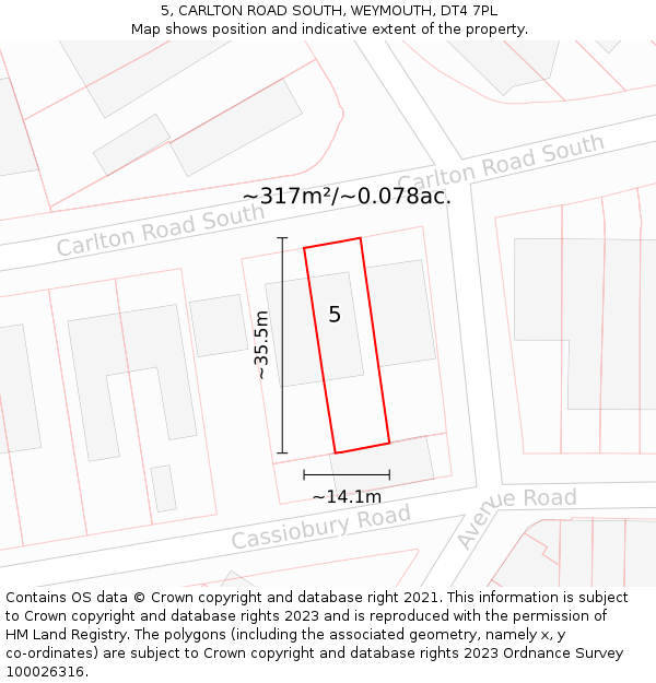 5, CARLTON ROAD SOUTH, WEYMOUTH, DT4 7PL: Plot and title map