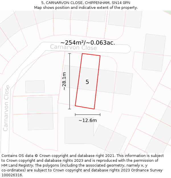 5, CARNARVON CLOSE, CHIPPENHAM, SN14 0PN: Plot and title map