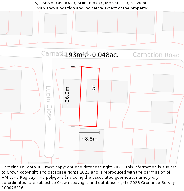 5, CARNATION ROAD, SHIREBROOK, MANSFIELD, NG20 8FG: Plot and title map