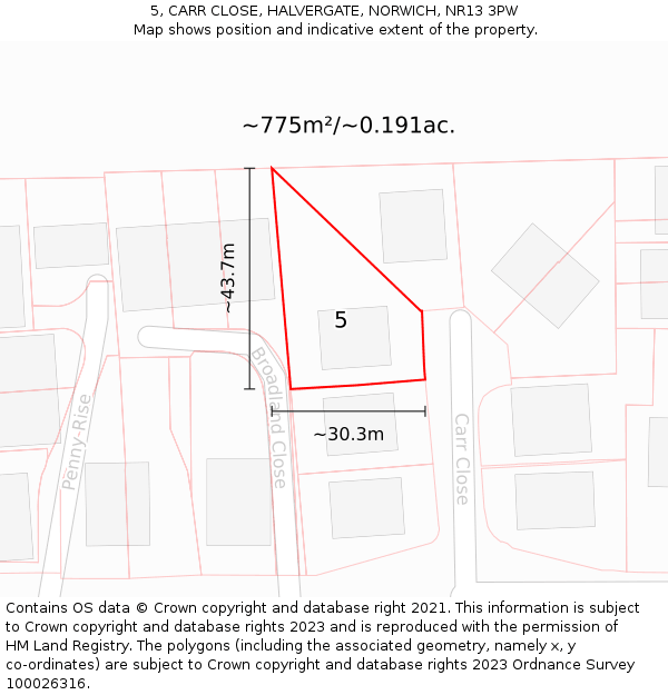 5, CARR CLOSE, HALVERGATE, NORWICH, NR13 3PW: Plot and title map