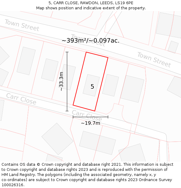 5, CARR CLOSE, RAWDON, LEEDS, LS19 6PE: Plot and title map