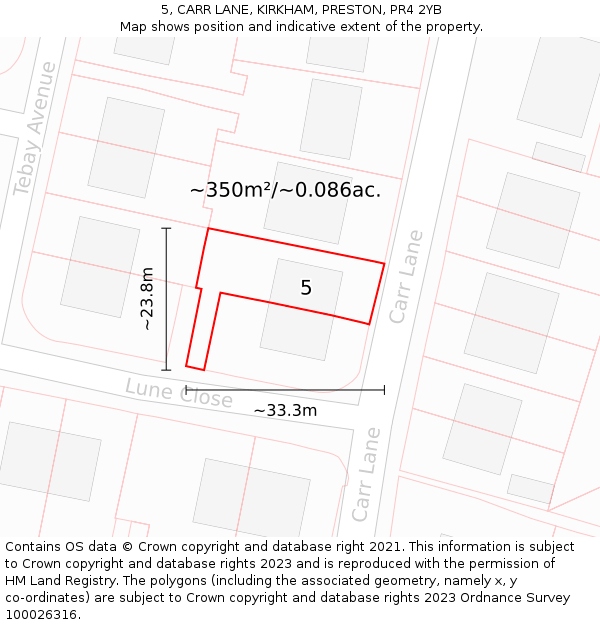 5, CARR LANE, KIRKHAM, PRESTON, PR4 2YB: Plot and title map