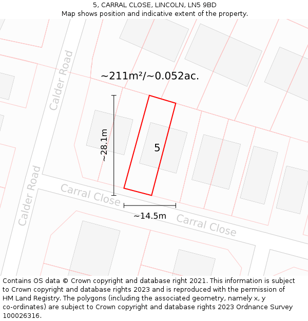 5, CARRAL CLOSE, LINCOLN, LN5 9BD: Plot and title map