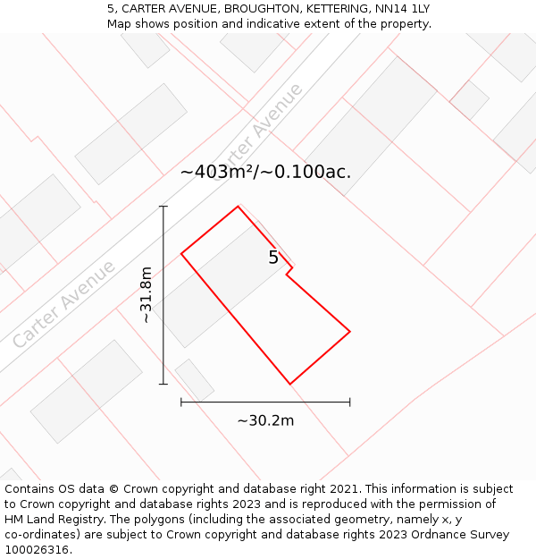5, CARTER AVENUE, BROUGHTON, KETTERING, NN14 1LY: Plot and title map