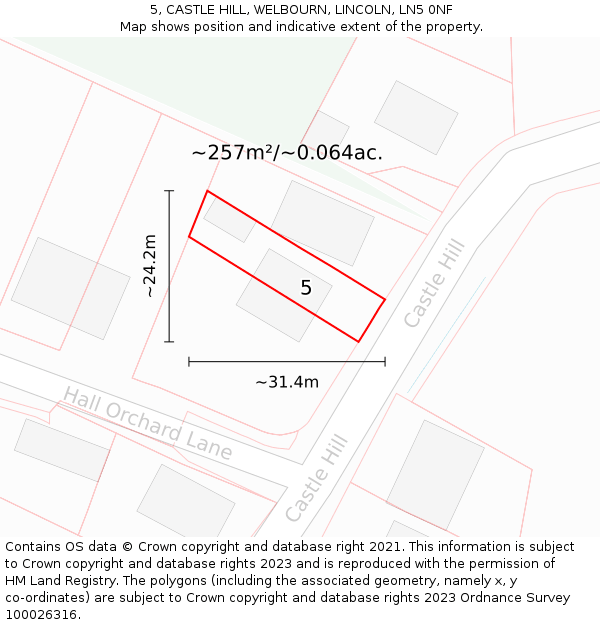 5, CASTLE HILL, WELBOURN, LINCOLN, LN5 0NF: Plot and title map