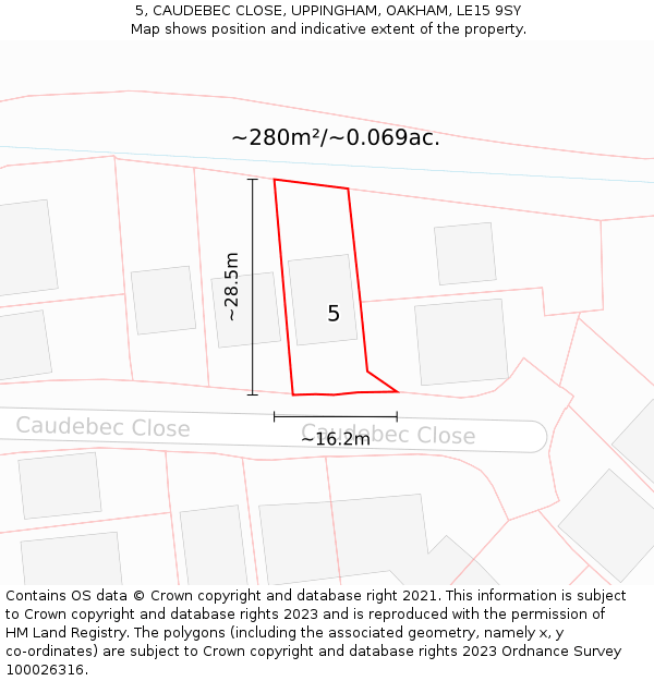 5, CAUDEBEC CLOSE, UPPINGHAM, OAKHAM, LE15 9SY: Plot and title map