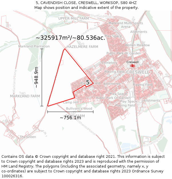 5, CAVENDISH CLOSE, CRESWELL, WORKSOP, S80 4HZ: Plot and title map