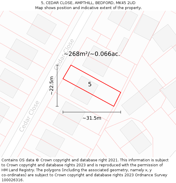 5, CEDAR CLOSE, AMPTHILL, BEDFORD, MK45 2UD: Plot and title map