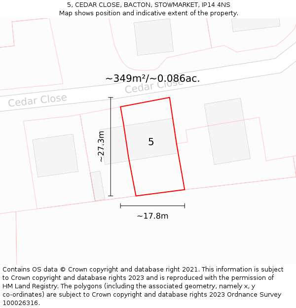 5, CEDAR CLOSE, BACTON, STOWMARKET, IP14 4NS: Plot and title map