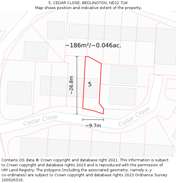 5, CEDAR CLOSE, BEDLINGTON, NE22 7LW: Plot and title map