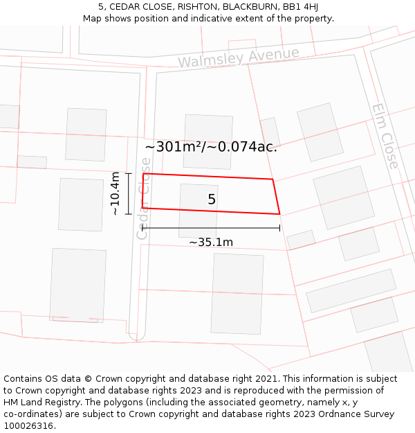 5, CEDAR CLOSE, RISHTON, BLACKBURN, BB1 4HJ: Plot and title map