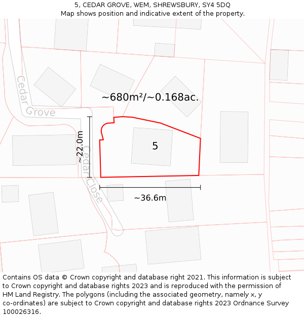 5, CEDAR GROVE, WEM, SHREWSBURY, SY4 5DQ: Plot and title map
