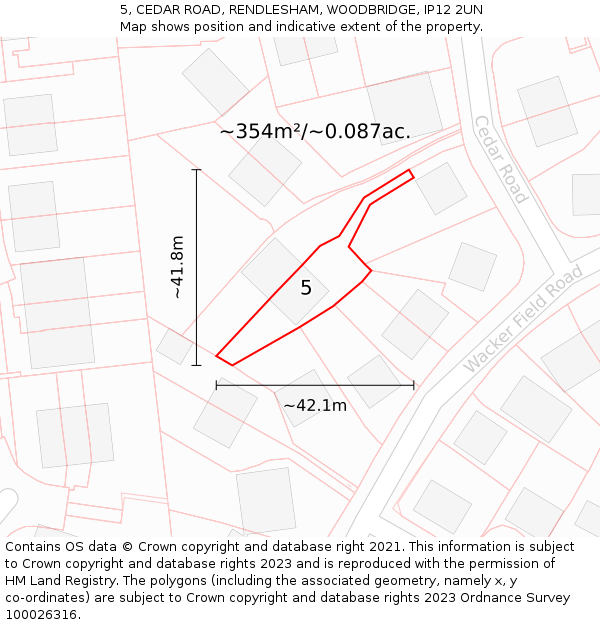 5, CEDAR ROAD, RENDLESHAM, WOODBRIDGE, IP12 2UN: Plot and title map