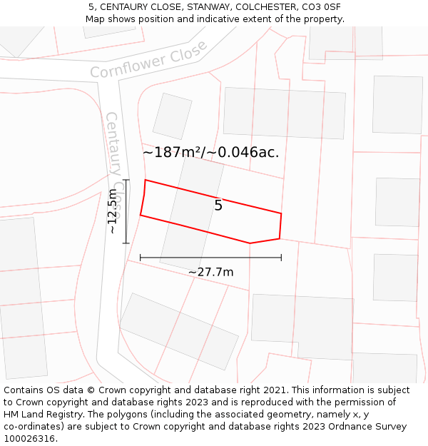 5, CENTAURY CLOSE, STANWAY, COLCHESTER, CO3 0SF: Plot and title map