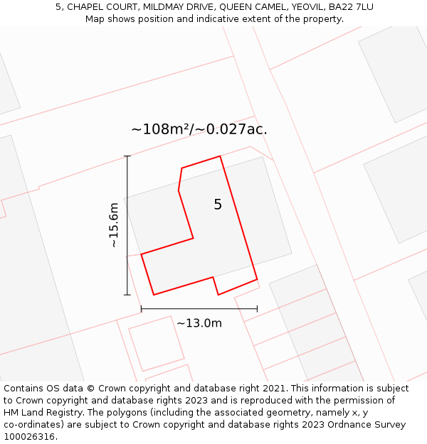 5, CHAPEL COURT, MILDMAY DRIVE, QUEEN CAMEL, YEOVIL, BA22 7LU: Plot and title map