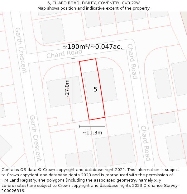 5, CHARD ROAD, BINLEY, COVENTRY, CV3 2PW: Plot and title map
