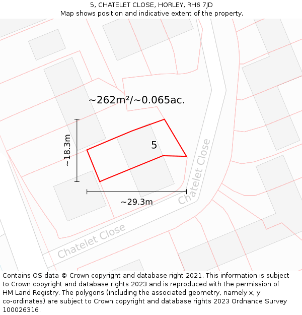5, CHATELET CLOSE, HORLEY, RH6 7JD: Plot and title map