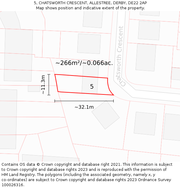 5, CHATSWORTH CRESCENT, ALLESTREE, DERBY, DE22 2AP: Plot and title map