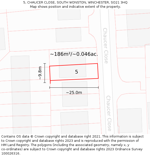 5, CHAUCER CLOSE, SOUTH WONSTON, WINCHESTER, SO21 3HQ: Plot and title map