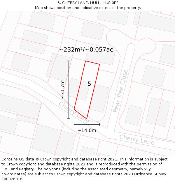 5, CHERRY LANE, HULL, HU8 0EF: Plot and title map