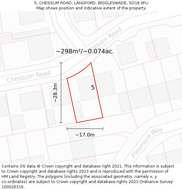 5, CHESSUM ROAD, LANGFORD, BIGGLESWADE, SG18 9FU: Plot and title map
