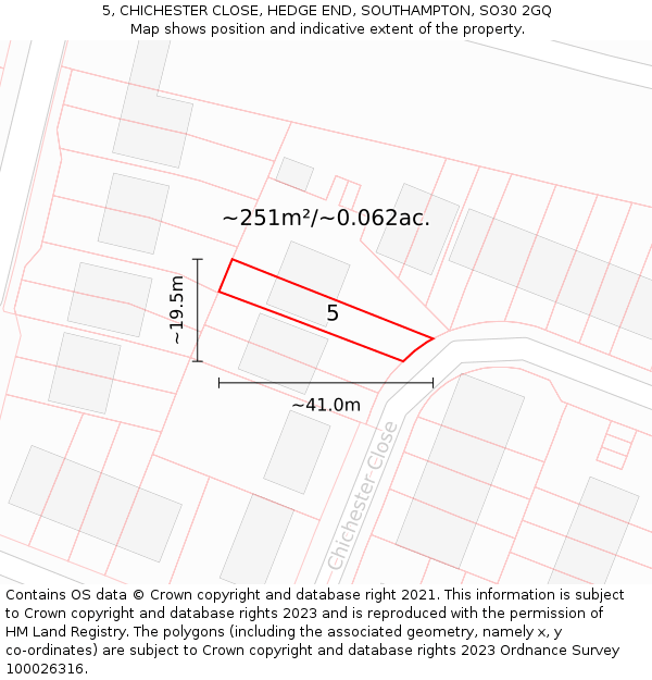 5, CHICHESTER CLOSE, HEDGE END, SOUTHAMPTON, SO30 2GQ: Plot and title map