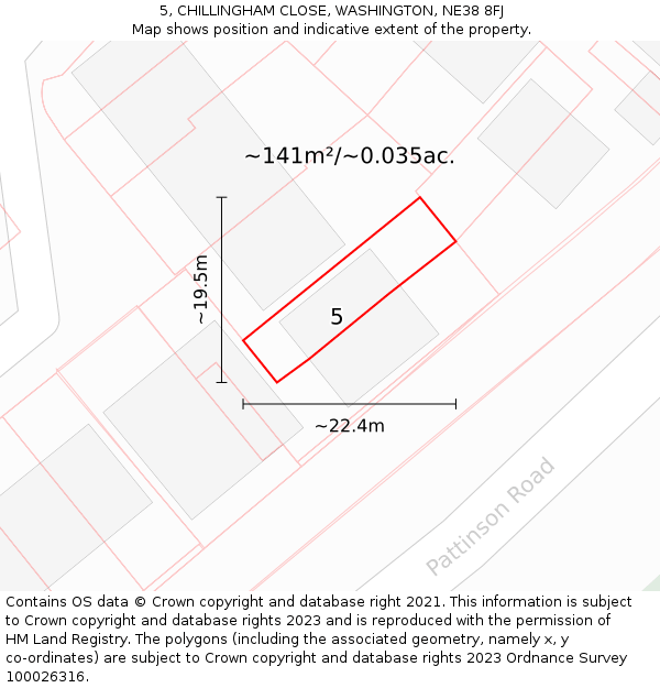 5, CHILLINGHAM CLOSE, WASHINGTON, NE38 8FJ: Plot and title map