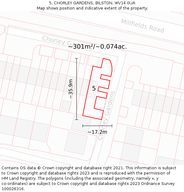 5, CHORLEY GARDENS, BILSTON, WV14 0UA: Plot and title map