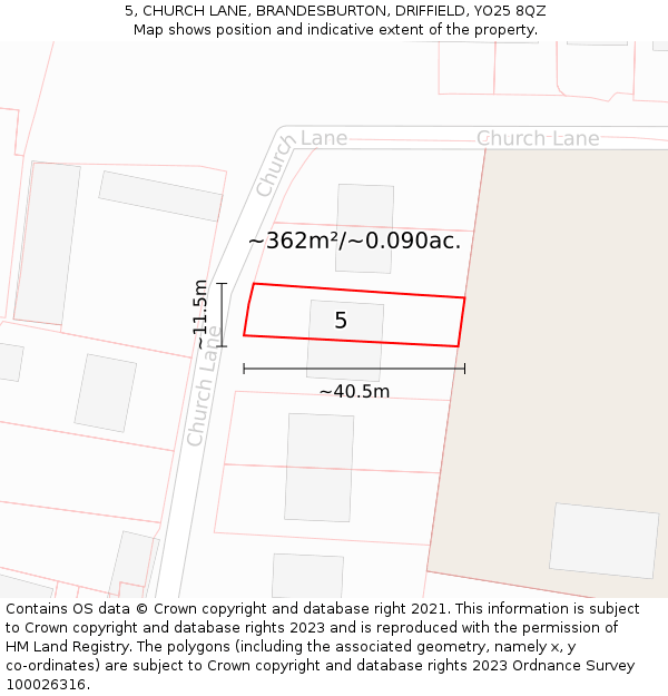 5, CHURCH LANE, BRANDESBURTON, DRIFFIELD, YO25 8QZ: Plot and title map