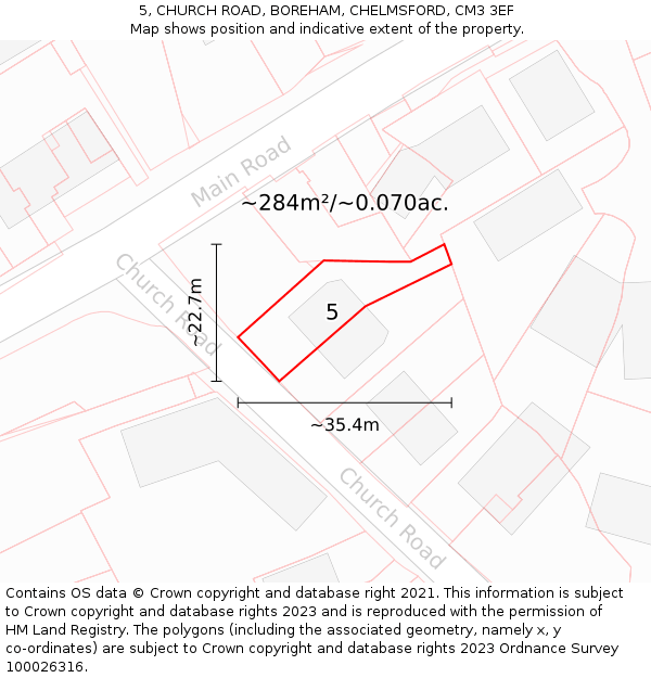 5, CHURCH ROAD, BOREHAM, CHELMSFORD, CM3 3EF: Plot and title map