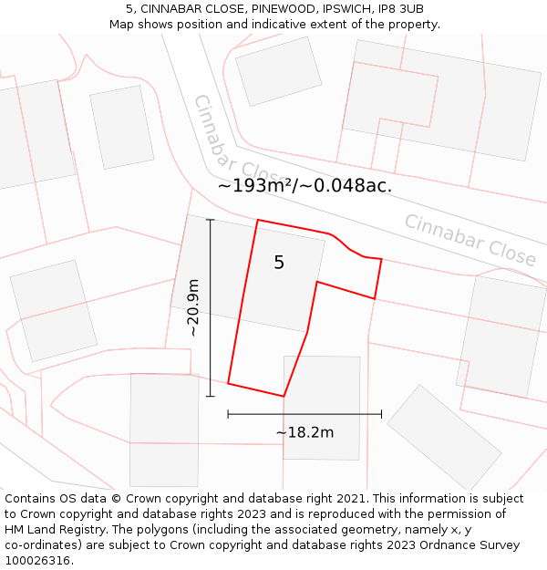 5, CINNABAR CLOSE, PINEWOOD, IPSWICH, IP8 3UB: Plot and title map