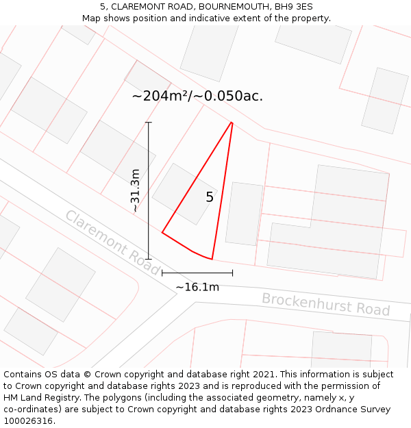 5, CLAREMONT ROAD, BOURNEMOUTH, BH9 3ES: Plot and title map
