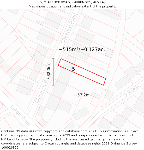 5, CLARENCE ROAD, HARPENDEN, AL5 4AJ: Plot and title map