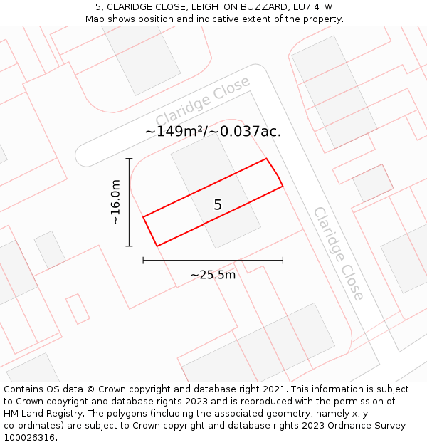 5, CLARIDGE CLOSE, LEIGHTON BUZZARD, LU7 4TW: Plot and title map