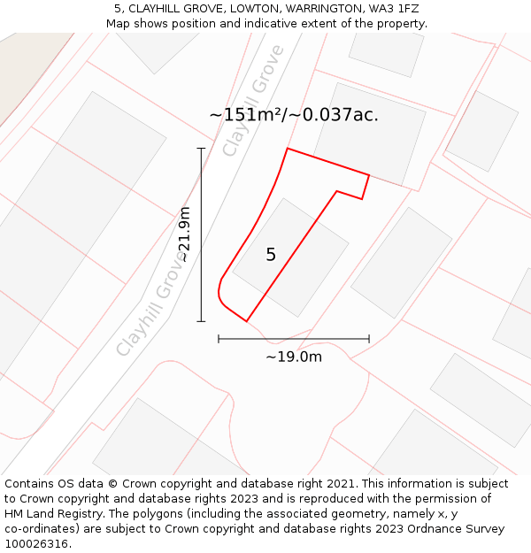 5, CLAYHILL GROVE, LOWTON, WARRINGTON, WA3 1FZ: Plot and title map