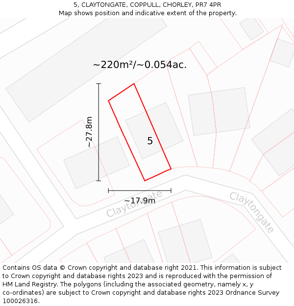 5, CLAYTONGATE, COPPULL, CHORLEY, PR7 4PR: Plot and title map