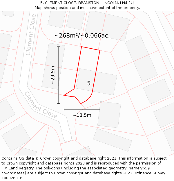 5, CLEMENT CLOSE, BRANSTON, LINCOLN, LN4 1UJ: Plot and title map